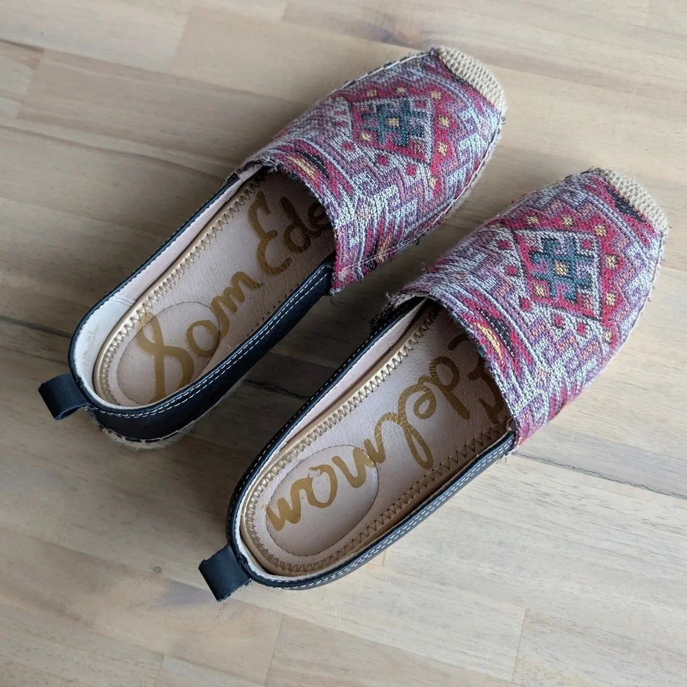 Sam Edelman Khloe Espadrille Flats Women Geo Pattern Black Leather Size 8.5‎